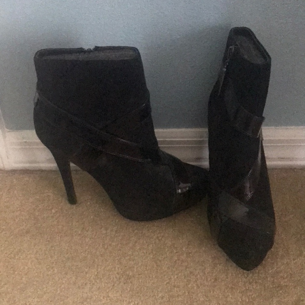 Black suede ankle high heel booties